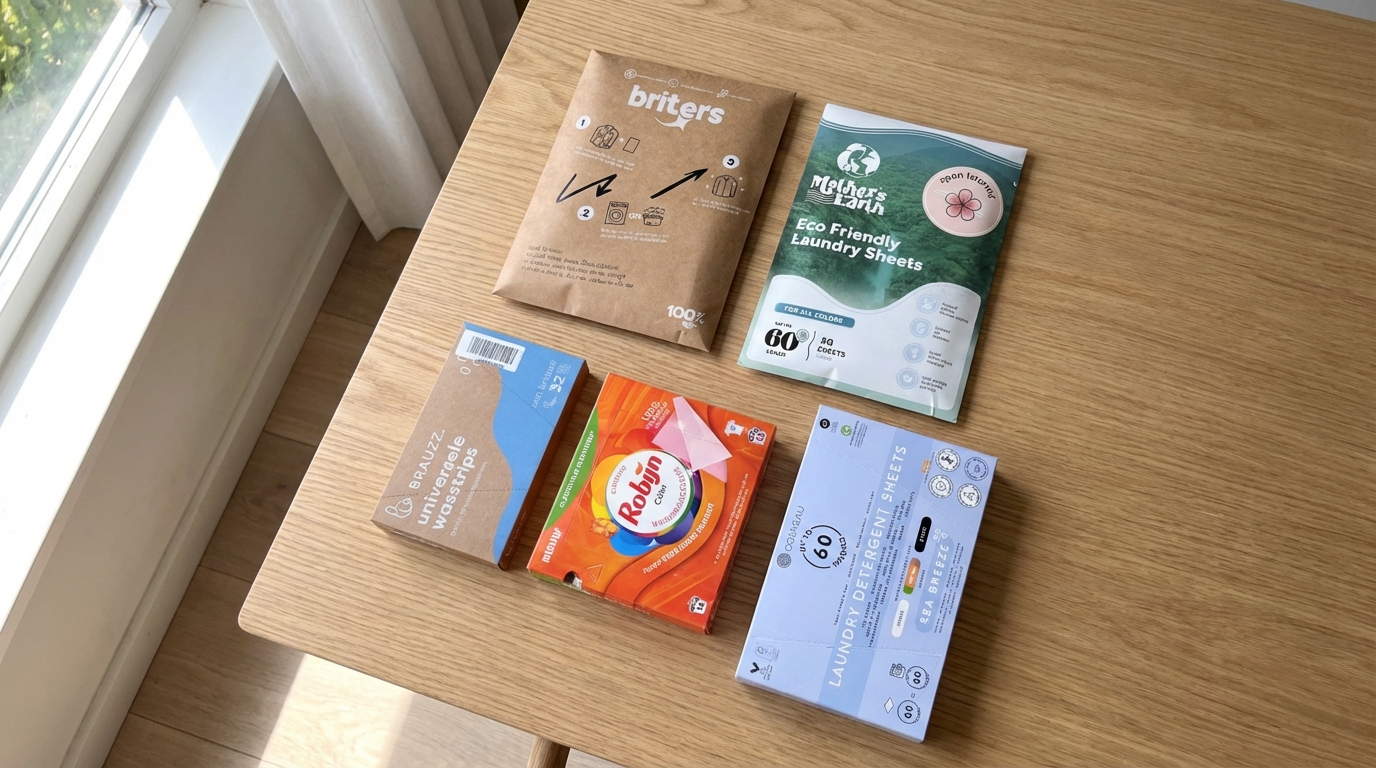 Vijf merken wasstrips naast elkaar op tafel