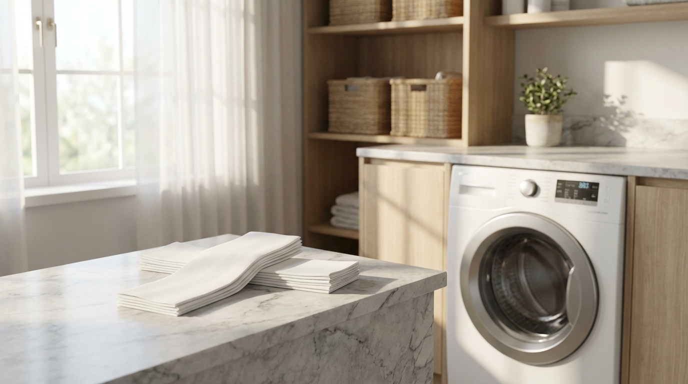 Wasstrips op aanrecht naast wasmachine